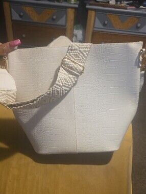 Cracker Barrel Cream Croc-Embossed Crossbody with Patterned Strap
